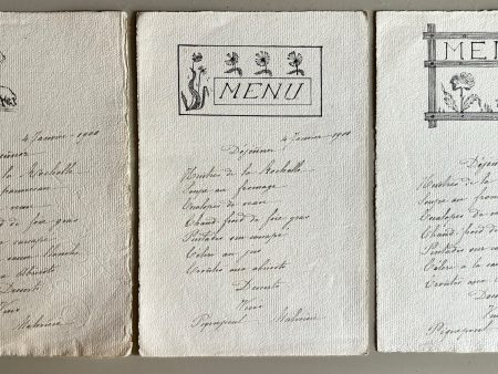 *NEW ARRIVAL* Three hand-written and illustrated menus For Sale