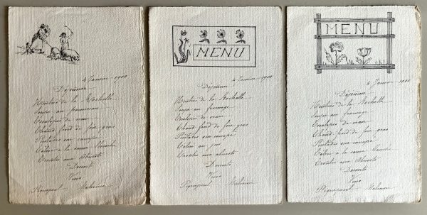 *NEW ARRIVAL* Three hand-written and illustrated menus For Sale