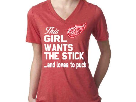 This Girl Likes the Stick and loves to puck Detroit Red Wings Ladies Vneck t-shirt Fashion