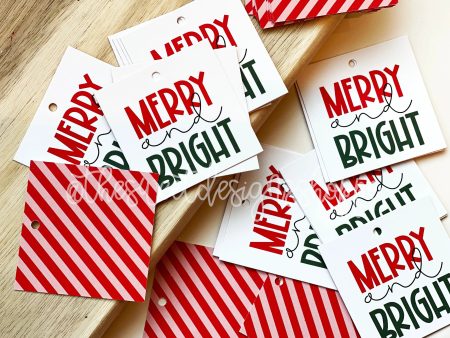 Printed Tags: Merry and Bright  2  x 2  - Set of 25 Tags , Pre-punched hole. Online