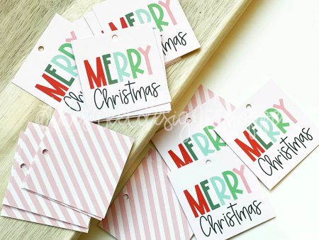 Printed Tags: Merry Christmas (Pink)  2  x 2  - Set of 25 Tags , Pre-punched hole. on Sale