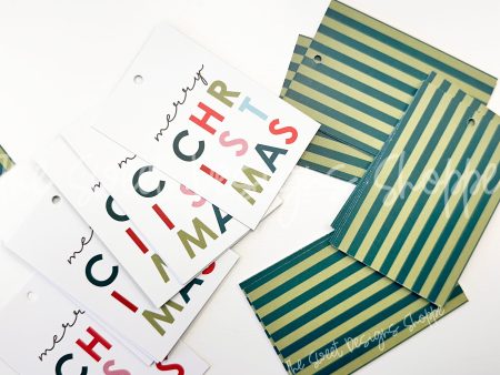 Printed Tag:  merry CHRISTMAS (Greens)   2  x 3  - Set of 25 Tags , Pre-punched hole. Online now