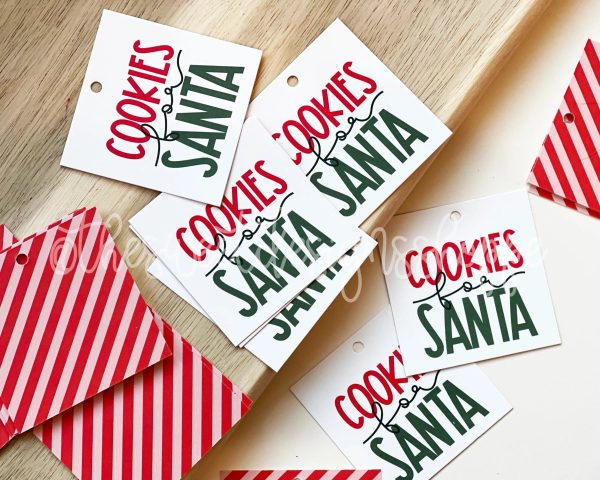 Printed Tags: Cookies for Santa  2  x 2  - Set of 25 Tags , Pre-punched hole. Cheap