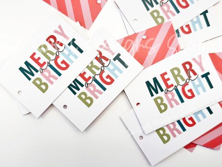 Printed Tag:  MERRY and BRIGHT  2  x 3  - Set of 25 Tags , Pre-punched hole. Supply